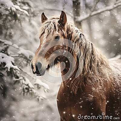 Dreamy Tennessee Walking Horse Portrait In Snowy Scrub Forest Stock Photo