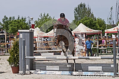 Horse passing over a obstacle at a equitation contest Editorial Stock Photo