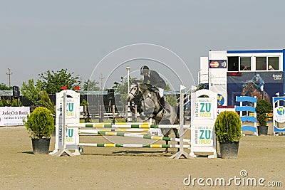 Equitation contest, horse jumping over obstacle Editorial Stock Photo