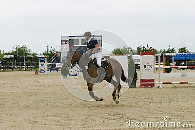 Equitation contest, horse jumping over obstacle Stock Photo