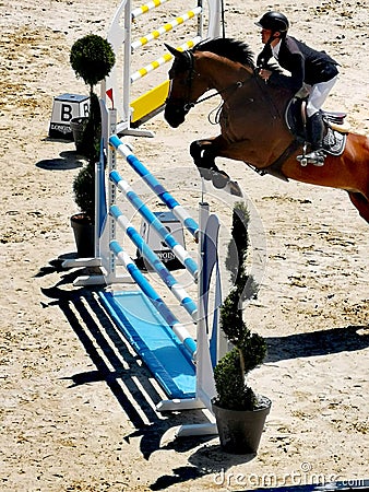 Horse Jumping during Crans Montana Jumping Longines Event 2019 Editorial Stock Photo