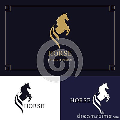 Horse logo. King stallion in jump. Racehorse head profile. Stylish graphic template design for company, farm, race. Vector Vector Illustration