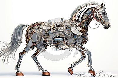 A horse made of electronic machinery on a white background. Wildlife Animals. illustration. Generative AI Cartoon Illustration