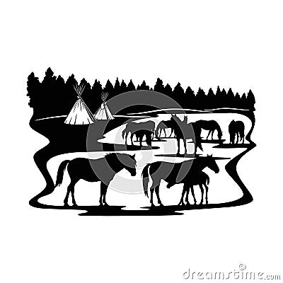 Horse, Mare and foal - horse family Wildlife Stencils - forest Silhouettes vector Stock Photo