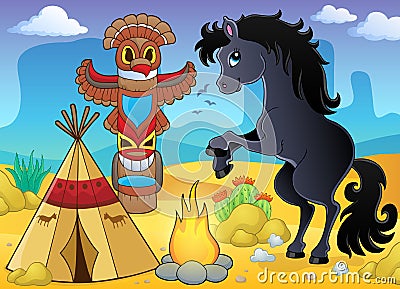 Horse in Native American campsite Vector Illustration