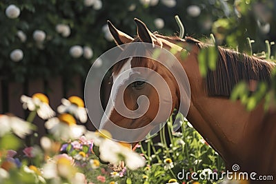 horse near flowers nodding head, look of merriment in its mouths curve Stock Photo