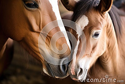 a horse nuzzling a foal Stock Photo