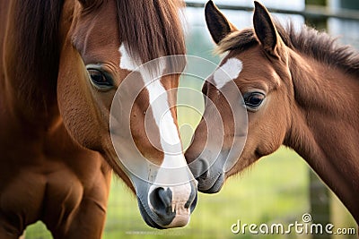 a horse nuzzling a foal Stock Photo