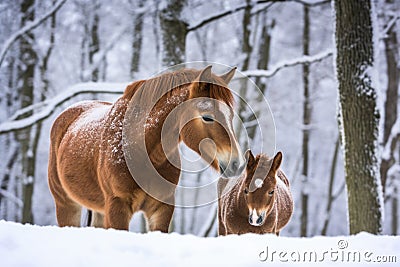 horse nuzzling foal in the snow during winter Stock Photo