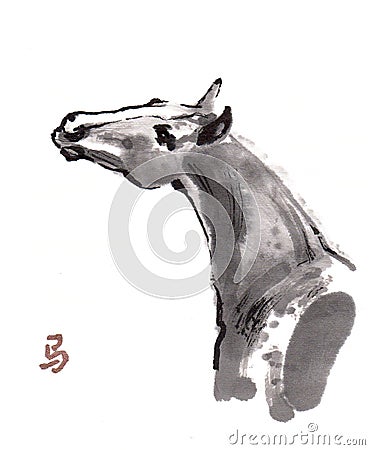 Horse oriental ink painting, sumi-e Stock Photo