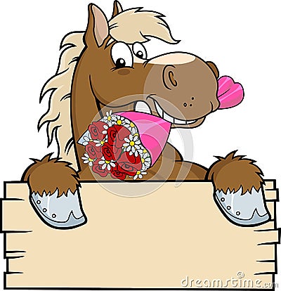 Horse Outlined Cartoon Character over A Blank Wood Sign biting a Bouquet Vector Illustration