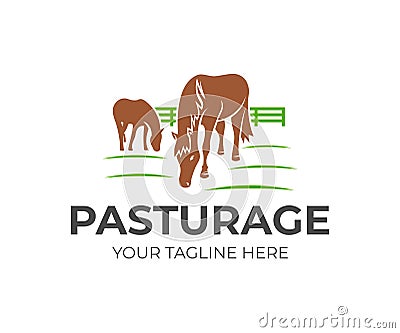 Horse pasture with fence, logo design. Animal, pet, farm and nature, vector design. Farming, agriculture, agricultural and cattle Vector Illustration