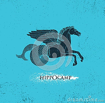 Horse With Pegasus Wings And Mermaid Tail Hippocampus. Mythology Creature Illustration On Grunge Rough Background Vector Illustration