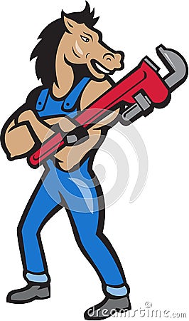 Horse Plumber Monkey Wrench Standing Cartoon Vector Illustration