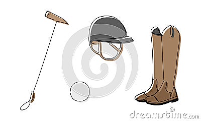 Horse polo colored set with hammer mallet, ball, helmet and equestrian boots one line art. Continuous line drawing of Vector Illustration
