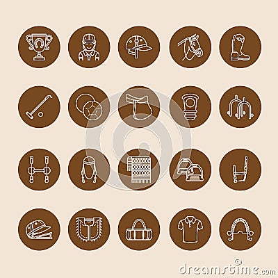 Horse polo flat line icons. Vector illustration of horses sport game, equestrian equipment - saddle, leather boots Vector Illustration