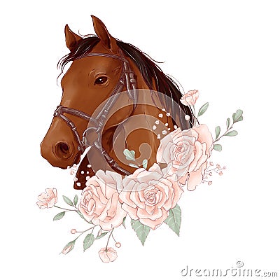 Horse portrait in digital watercolor style and a bouquet of roses Stock Photo