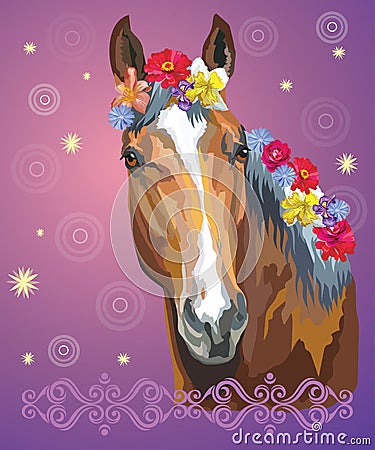 Horse portrait with flowers7 Vector Illustration