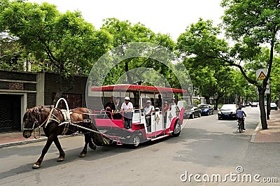 A horse pull a horse-drawn on the road Editorial Stock Photo