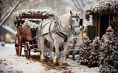 White Winter Horse Pulling a Holiday Decorated Wagon Through a Christmas Village. Generative AI Stock Photo