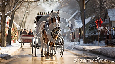 Horse Pulling a Holiday Decorated Carriage Through a Snowy Christmas Village. Generative AI Stock Photo