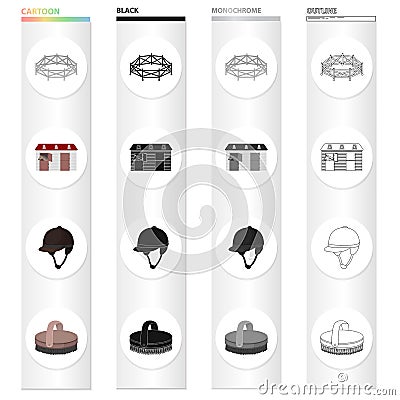 Horse race, stables, jockey rider, brush. Hippodrome and horse racing set collection icons in cartoon black monochrome Vector Illustration