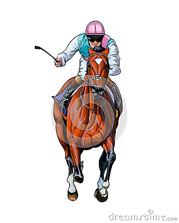 Horse racing with a jockey from splash of watercolors, colored drawing, realistic, Horseback riding Vector Illustration