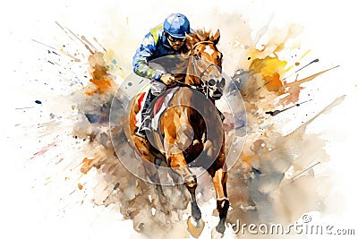 Horse racing jockeys on a race, watercolor illustration, Abstract racing horse with jockey from splash of watercolors, AI Cartoon Illustration