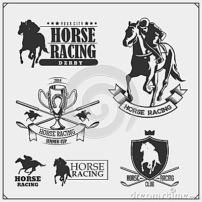 Horse racing and polo club emblems, labels, badges and design elements. Print design for t-shirt. Vector Illustration