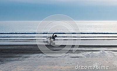 Horse Rider Galopping At Newgale Beach At The Atlantic Coast Of Pembrokeshire In Wales, United Kingdom Stock Photo