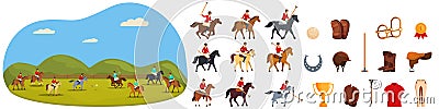 Horse rider playing polos game icons set cartoon . Sport mallet Stock Photo