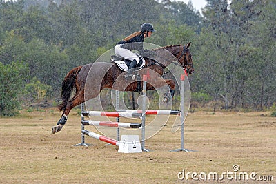 Horse and rider show jumping in heavy rain Stock Photo