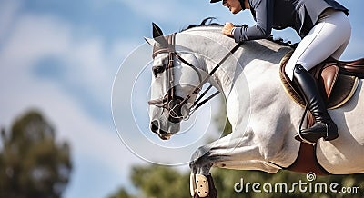 Horse and Rider Soaring through the Heights of Equestrian Jumping. Generative AI Stock Photo