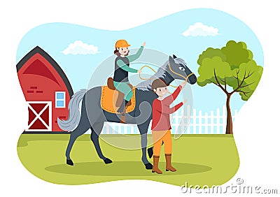 Horse Riding Cartoon Illustration with Cute People Character Practicing Horseback Ride or Equestrianism Sports in the Green Field Vector Illustration