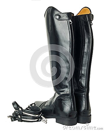 Horse riding dressage boots and spurs isolated on white Stock Photo