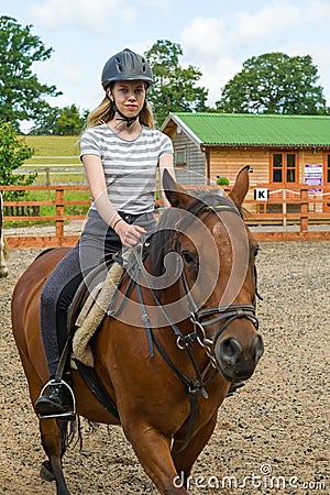 Horse riding at paddock Stock Photo