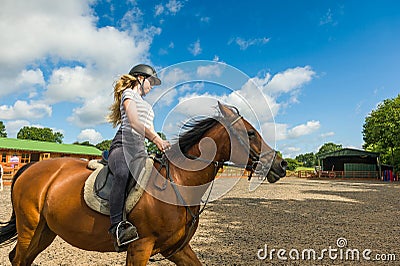 Horse riding at paddock Stock Photo