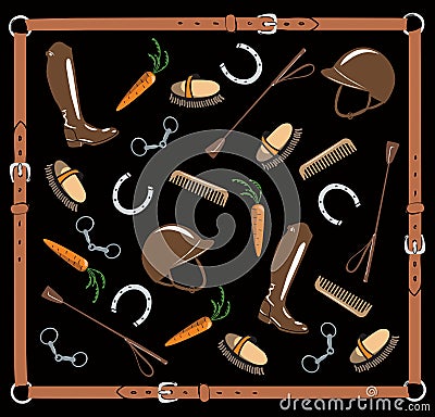 Horse riding tack in leather belt frame on black. Vector bit, whip, brush, horse`s shoe, riding boot, snaffle. Vector Illustration