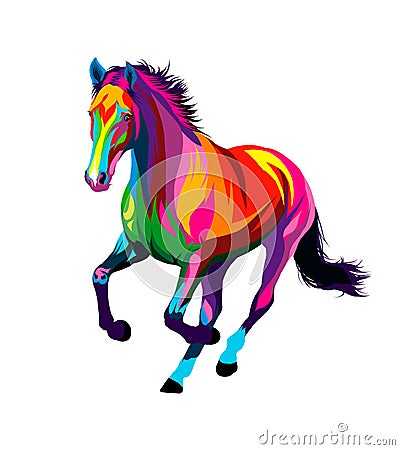 Horse running at a gallop from multicolored paints. Splash of watercolor, colored drawing, realistic Vector Illustration