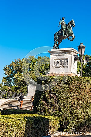 Horse sculpture of King Philip IV in Madrid, Spain. Copy space f Editorial Stock Photo