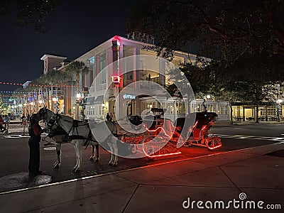 Horse sleigh ride at Celebration Florida night photo Editorial Stock Photo