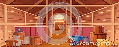 Horse stable interior or farm barn for animals inside view Vector Illustration