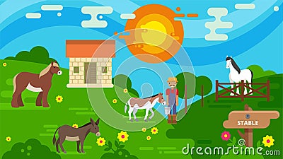 Horse stable and pasture land vector illustration flat style. Horse breeder farmer at animal husbandry. Different horses Vector Illustration