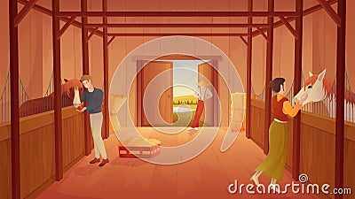 Horse stable with people and farm animals inside stalls, woman and man feed and care Vector Illustration