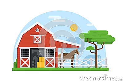 Horse Stables in Flat Design Vector Illustration