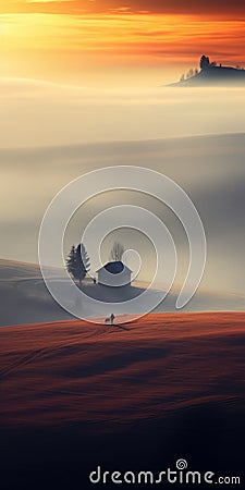 Surreal Cinematic Minimalistic Shot A Solitary House In Mist Stock Photo