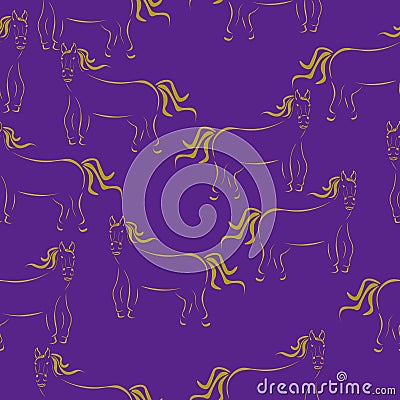 Horse stylized silhouette seamless pattern, yellow outline horse on purple background Vector Illustration