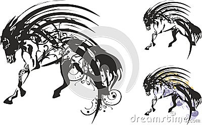 Horse symbols with floral elements and splashes isolated on white Vector Illustration