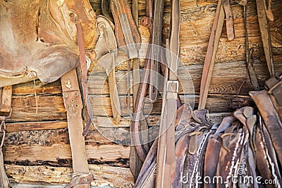 Horse tack leather strap saddle log wall Stock Photo