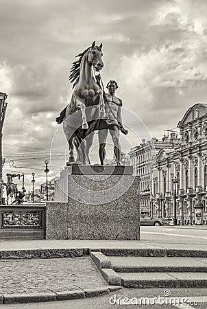 Horse Tamer statue on Anichkov bridge in Saint Petersburg. Stock Photo